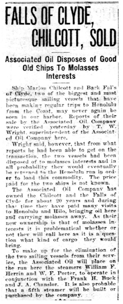 100 Years Ago – Falls of Clyde and Marion Chilcott Sold