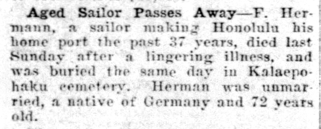 100 Years Ago – Aged Sailor Passes Away