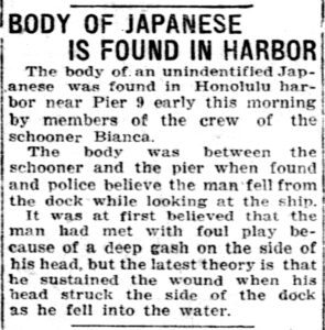 100 Years Ago – Body of Japanese is Found in Harbor